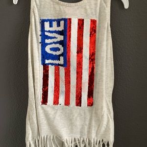 Patriotic tank top to celebrate with tassel-like design. Sequin flag to match!